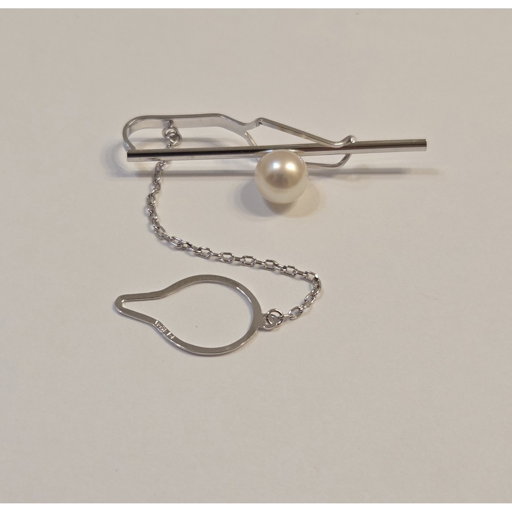 Vintage Japanese 14k White Gold Akoya Pearl Tie Bar Clip
